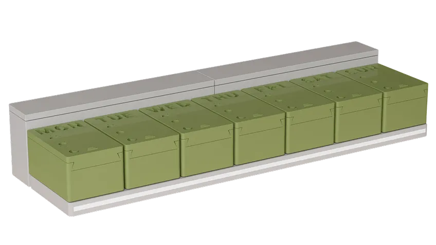 Hero render — full weekly organizer on base plate
