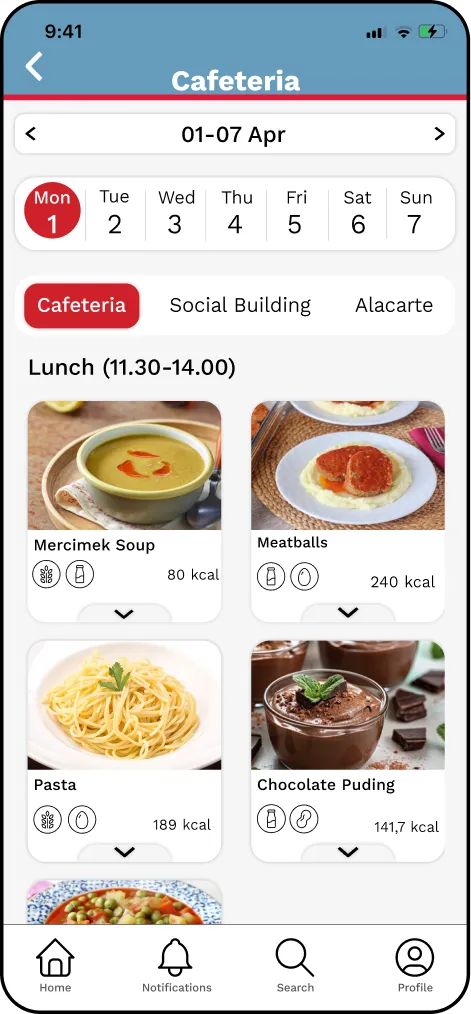 Cafeteria Menu screen