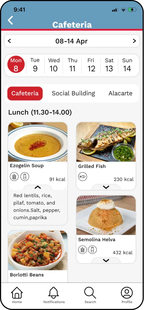 Cafeteria Menu screen