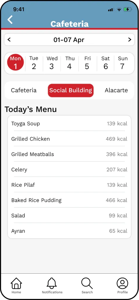 Cafeteria Menu screen