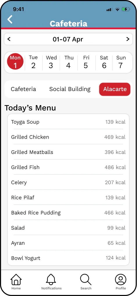 Cafeteria Menu screen