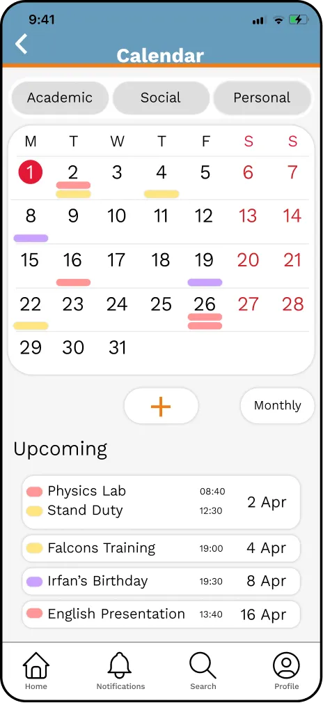 Calendar screen
