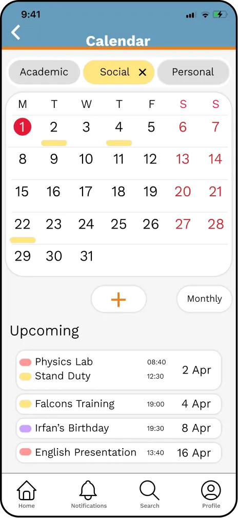 Calendar screen