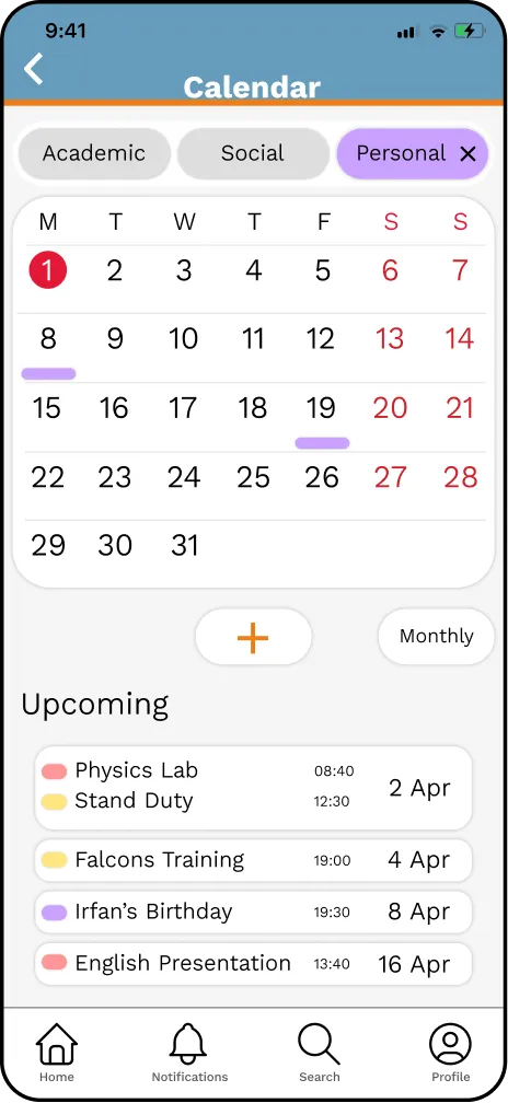 Calendar screen