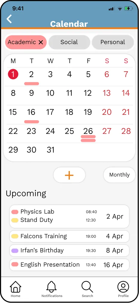 Calendar screen