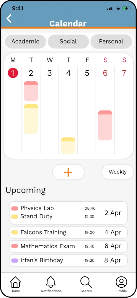 Calendar screen