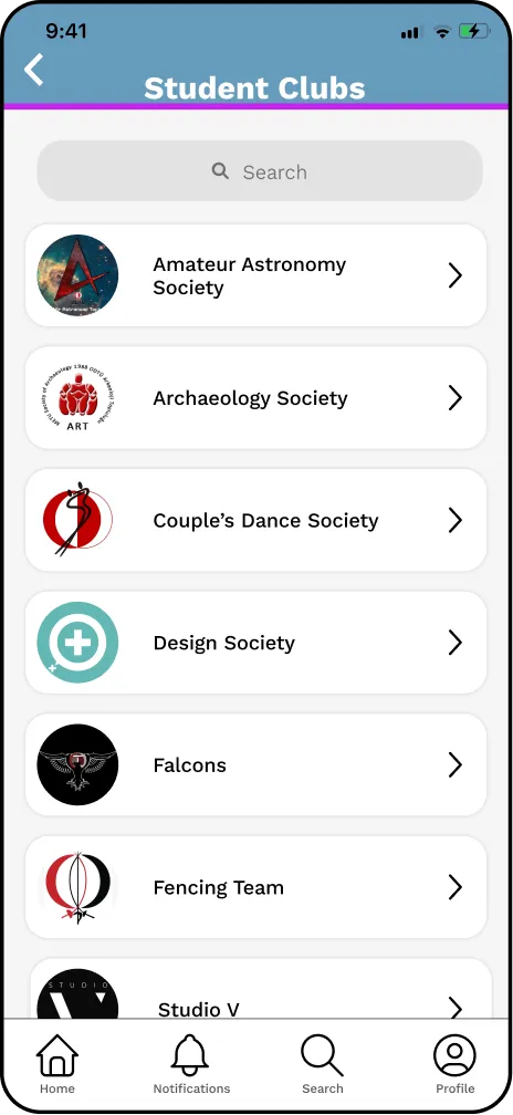 Student Clubs screen
