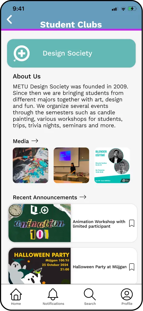 Student Clubs screen