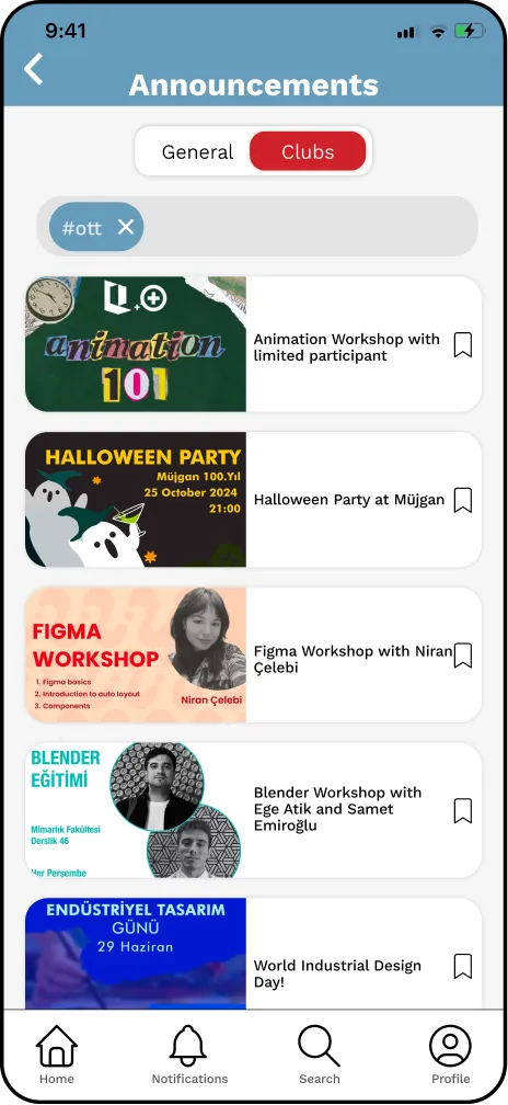 Student Clubs screen