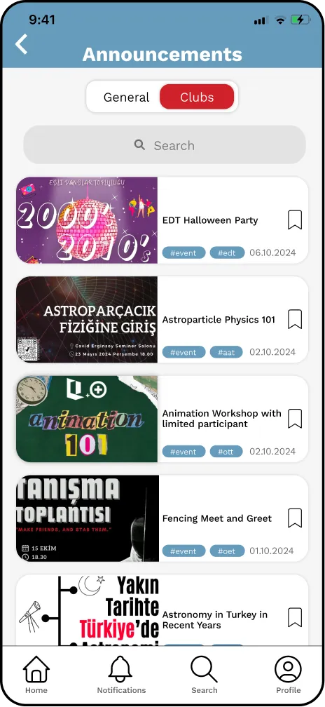 Student Clubs screen