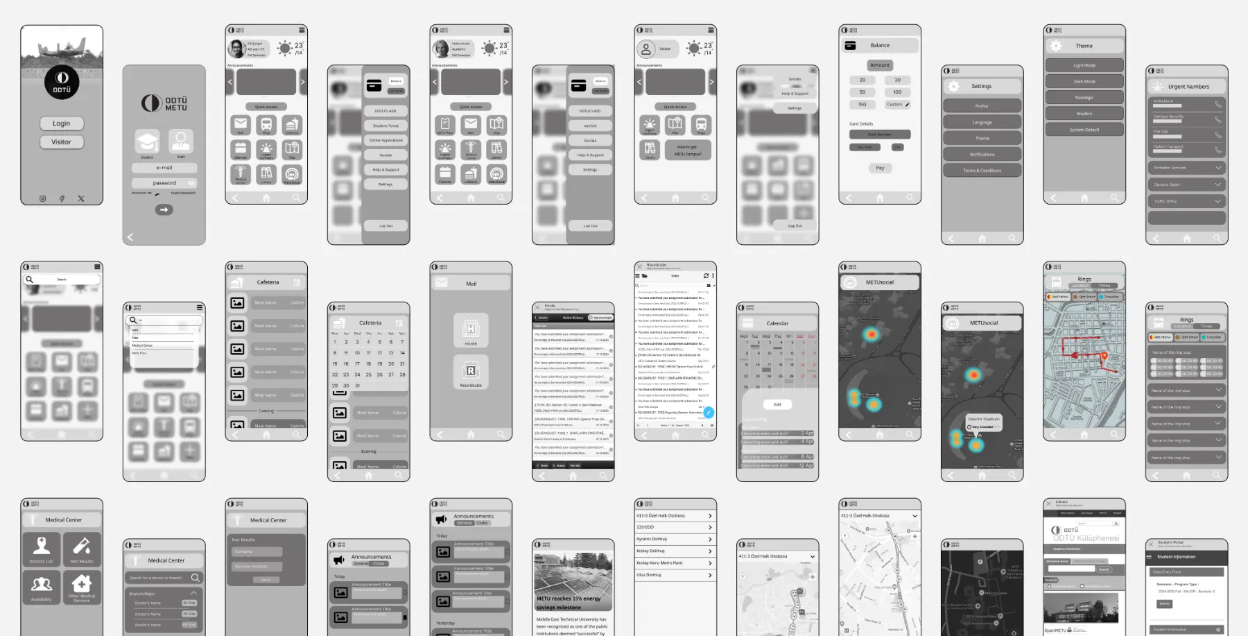 Low-fidelity wireframes of the METU One app