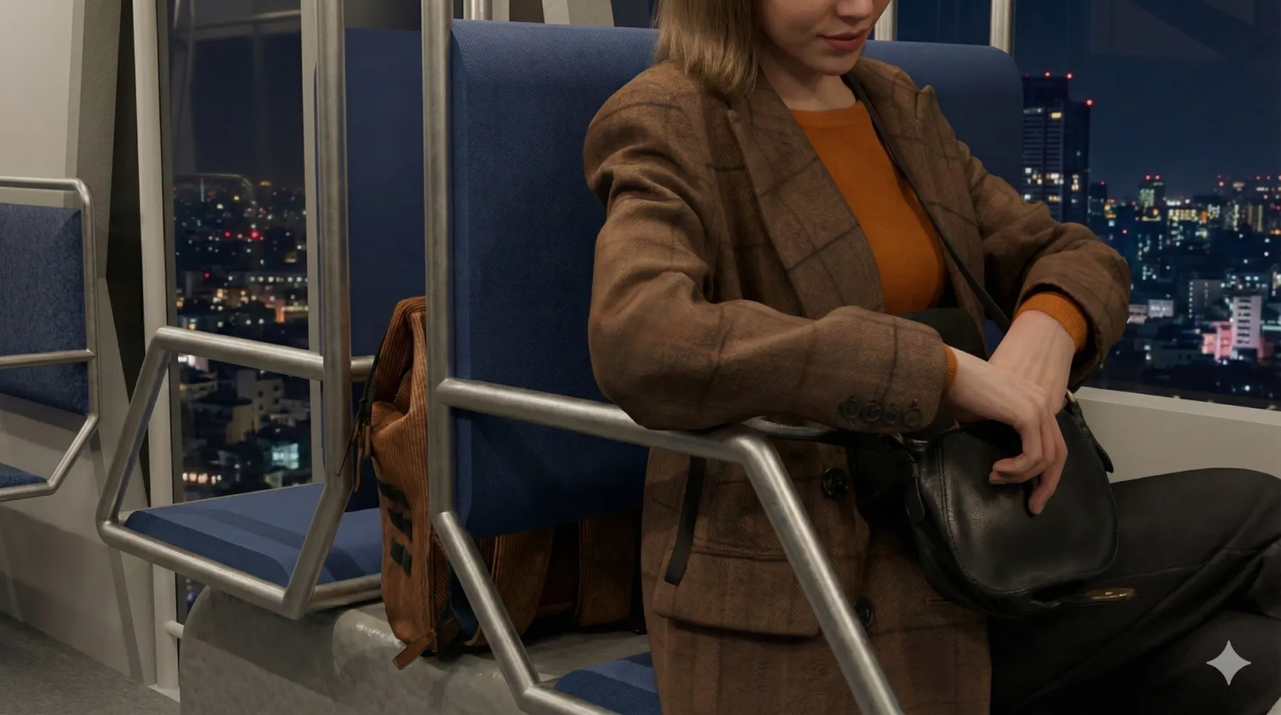 Seated passenger at night