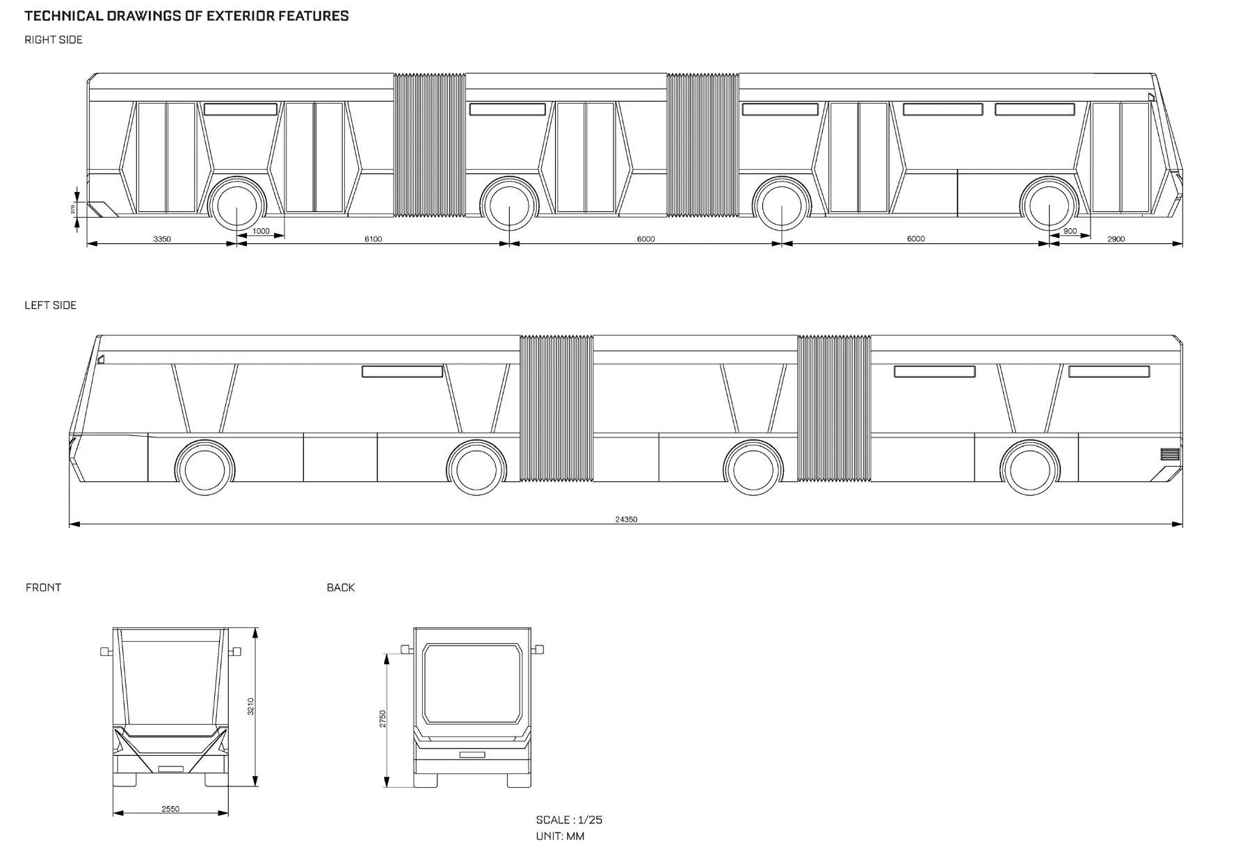 Technical drawings of exterior features, scale 1:25