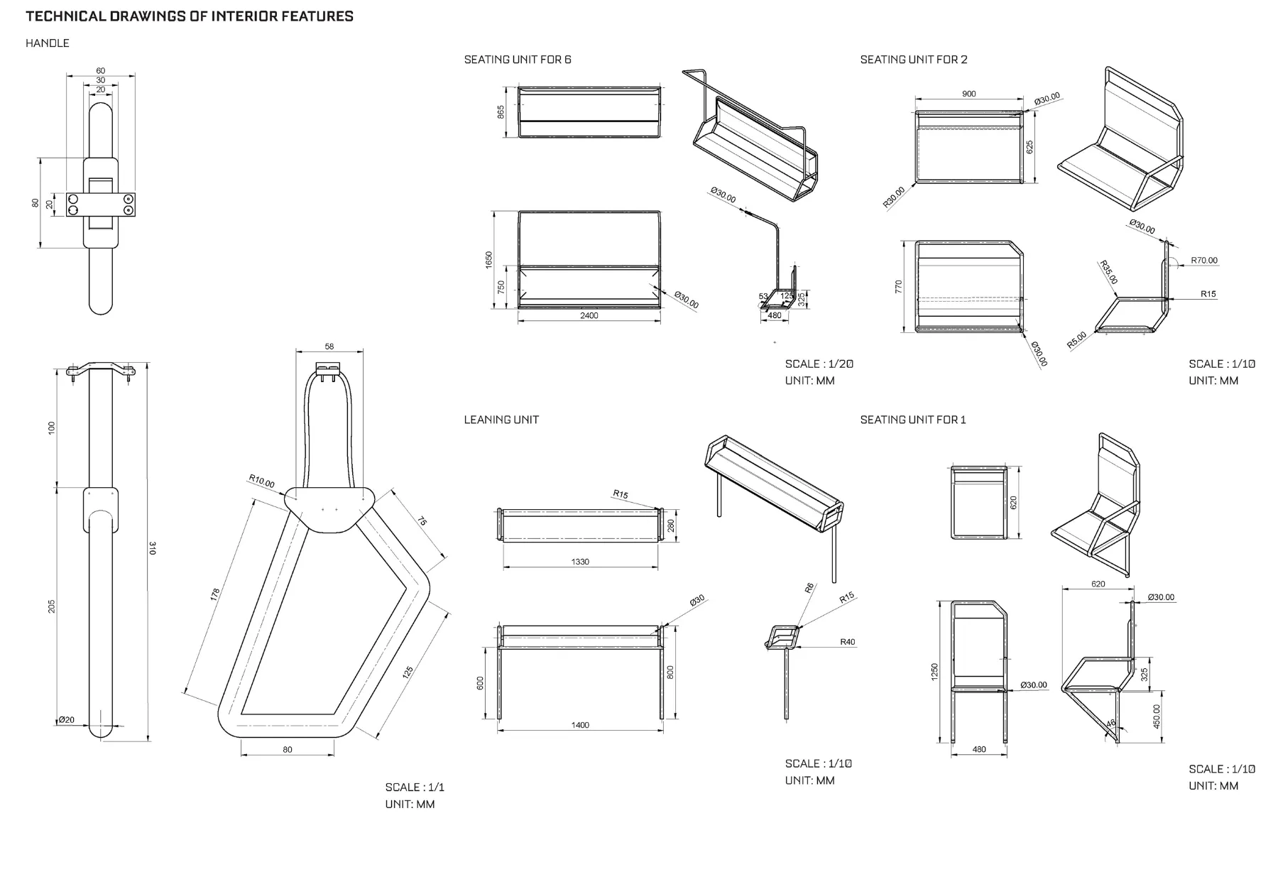 Technical drawings of interior features