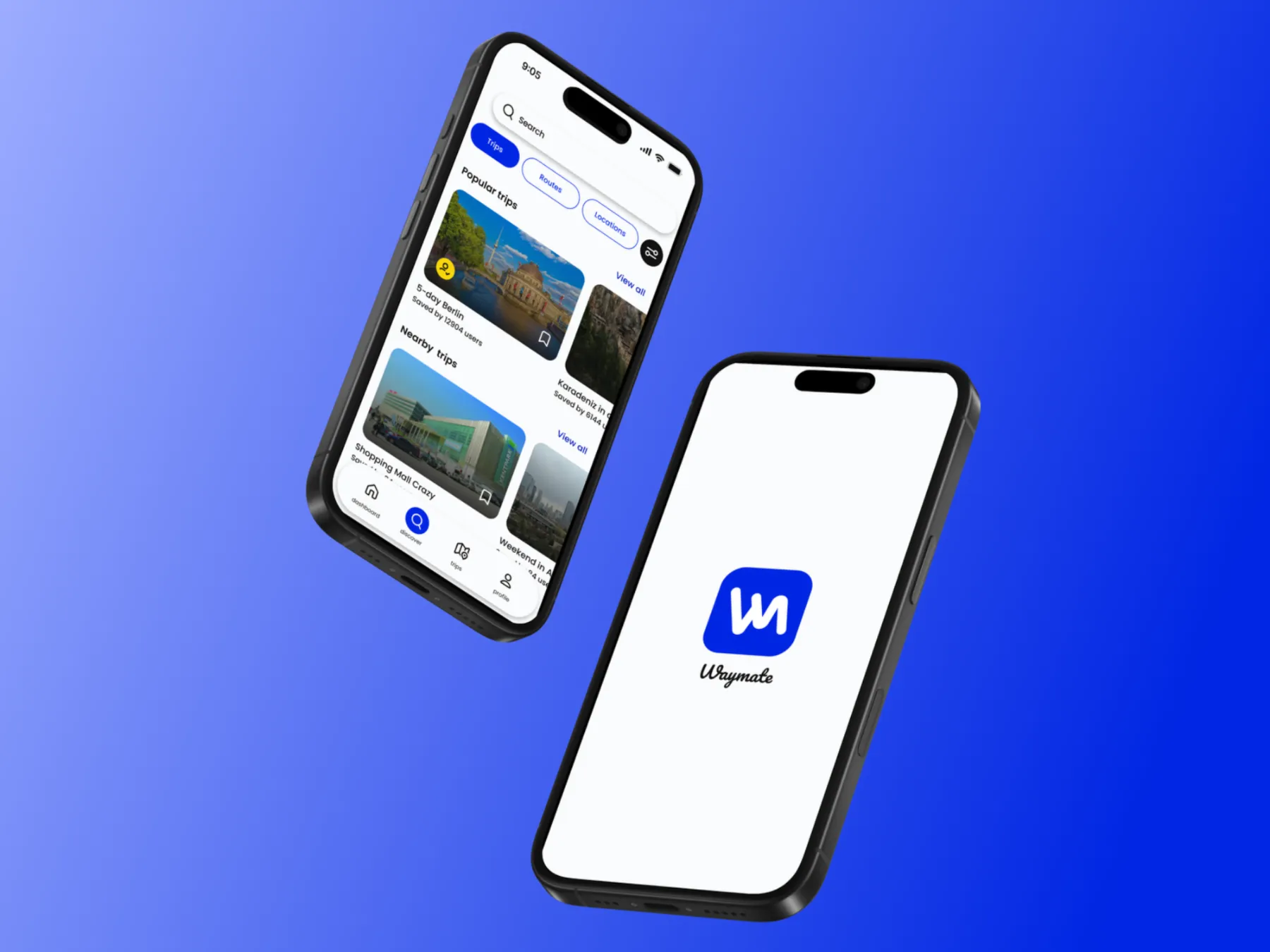 Waymate discover and splash screens on two phones