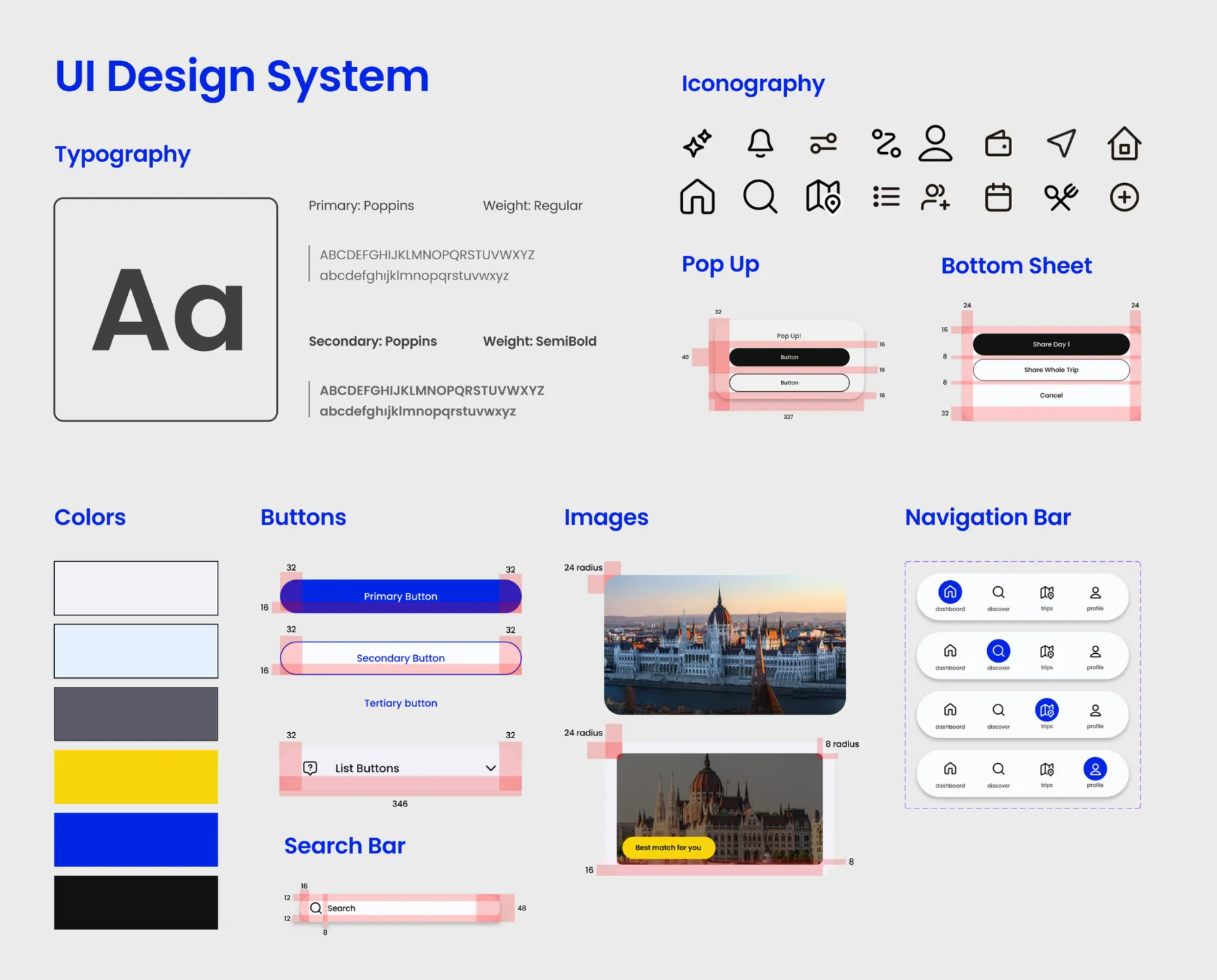 Waymate UI design system: Poppins type, colours, buttons, icons and nav bar